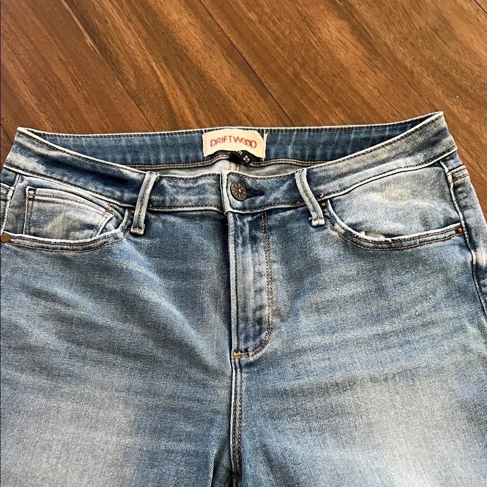 DRIFTWOOD Light Blue Flare Jeans with Cream Floral Embroidery - Picture 5 of 5